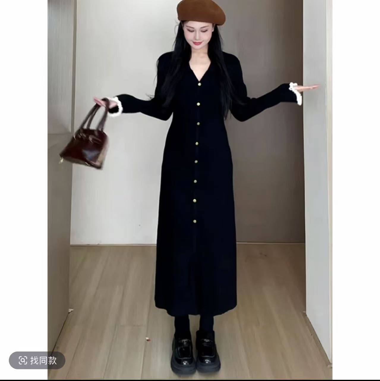 빅 사이즈 프랑스식 품격 폴로 칼라 인사이드 가져 가라. 만나는 니트 작은 검은 드레스 여성 새로운 지방 mm 슬림해 보이는 나팔 소매 드레스 상세 이미지 2