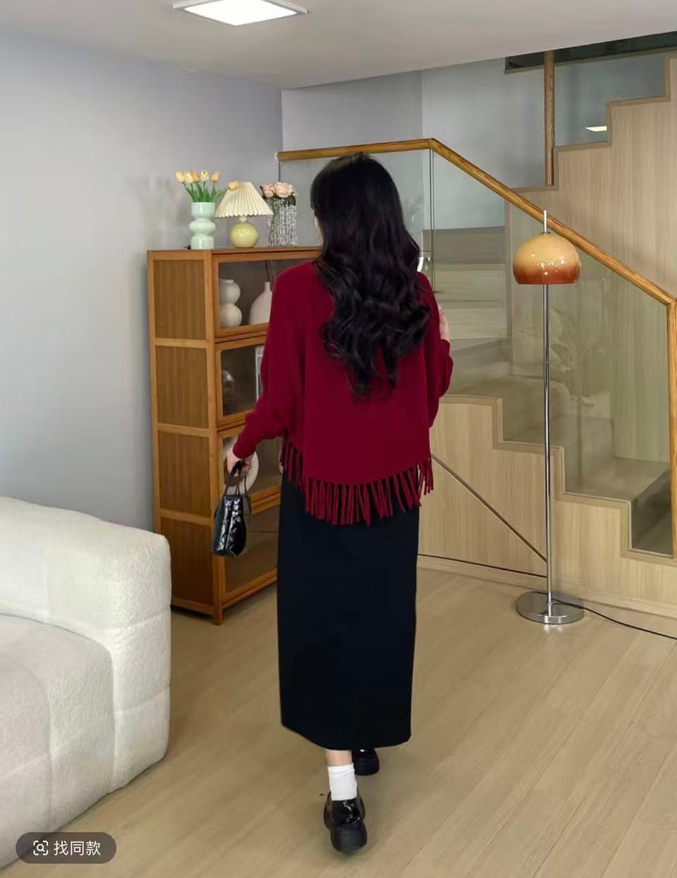 빅 사이즈 지방 mm 수공 술 니트 오픈 가디건 맨위 스트레이트 반신 치마 세트 이미지 3
