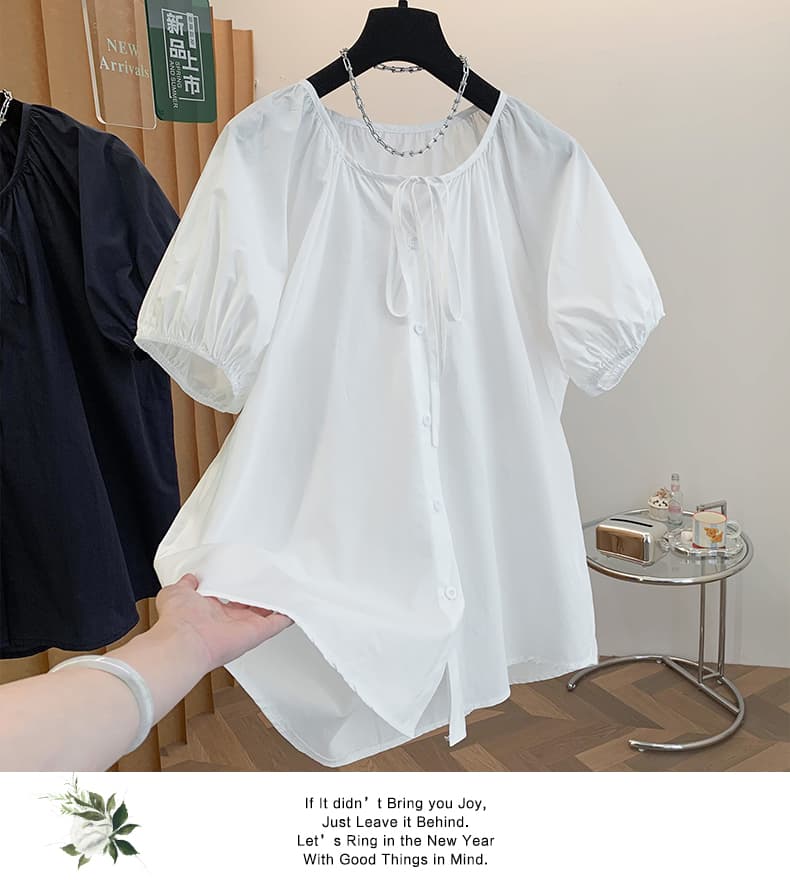 26 실사 여름 새로운 단색 루즈핏 빅 사이즈 레이스업 라운드 넥 반팔 여성 셔츠 다용도 싱글 줄 버튼 면 맨위 상세 이미지 12