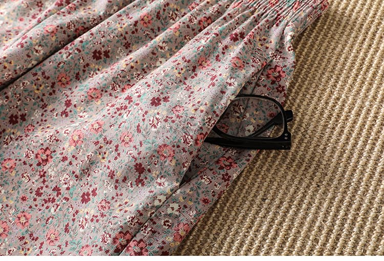 26 여름 회색 바닥 레트로 작은 분말 꽃 면 린넨 와이드 레깅스 바지 여름 얇은 스타일 밴딩 하이웨이스트 도루 센스 9부 바지 여성 상세 이미지 15