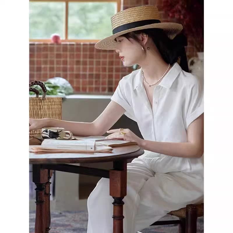 프랑스식 작은 대중 디자인 센스 하이웨이스트 반팔 점프 슈트 품격 단색 미니멀리즘 캐주얼 바지 여성 이미지 3