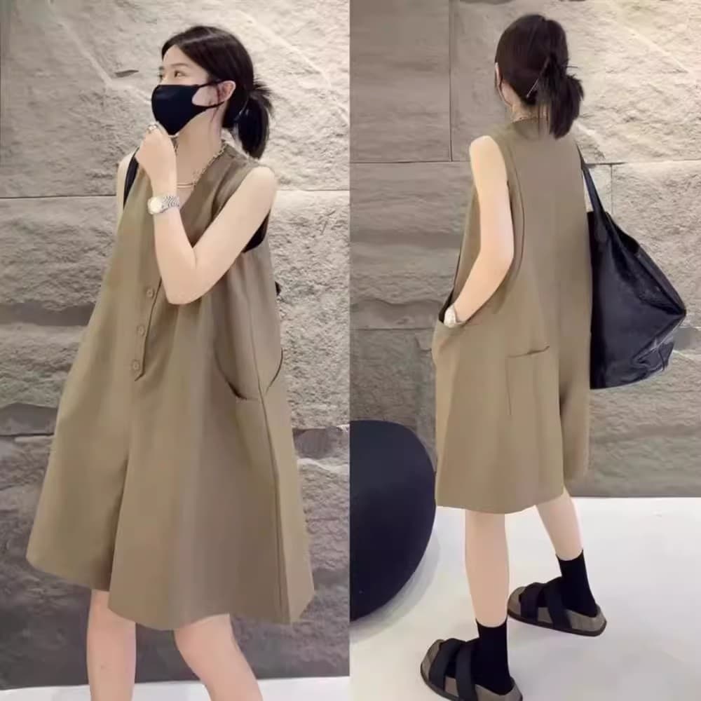 국경 간 한국 chic 여름 슬림해 보이는 패션 일 와이드 다리 점프 슈트 반바지 민소매 루즈핏 빅 사이즈 점프 슈트 상세 이미지 4