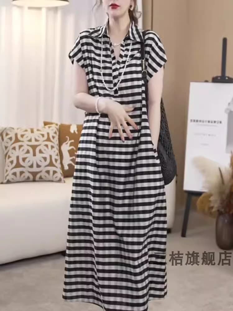 캐주얼 패션 POLO 칼라 스트라이프 여성 드레스 2026 봄 새로운 연령 감소 패션 품격 루즈핏 롱 스커트 트렌디 상세 이미지 4