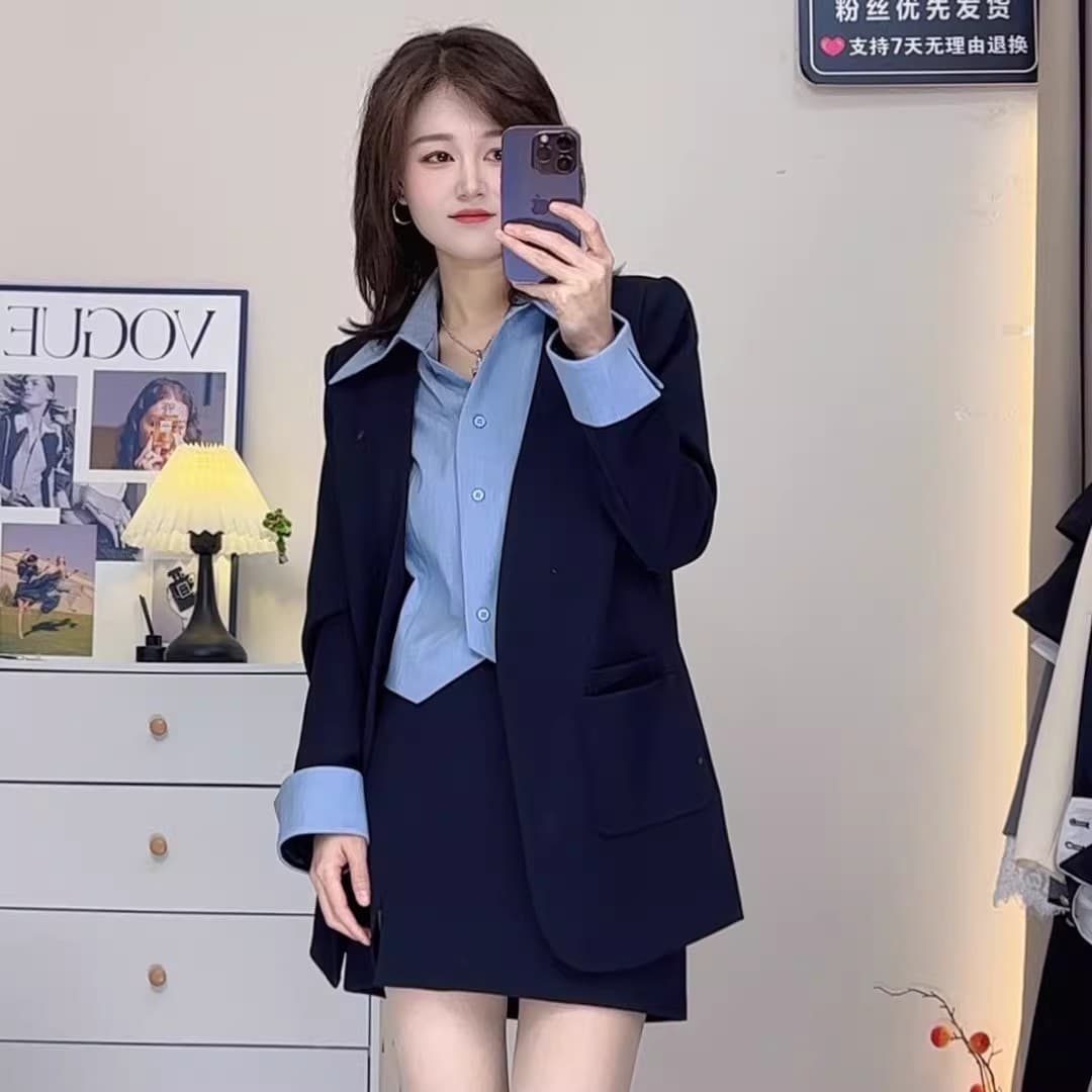 페이크 레이어드 정장 V넥 긴팔 2026 가을 여성 의류 새로운 패션 슬림해 보이는 캐주얼 투피스 세트 이미지 2