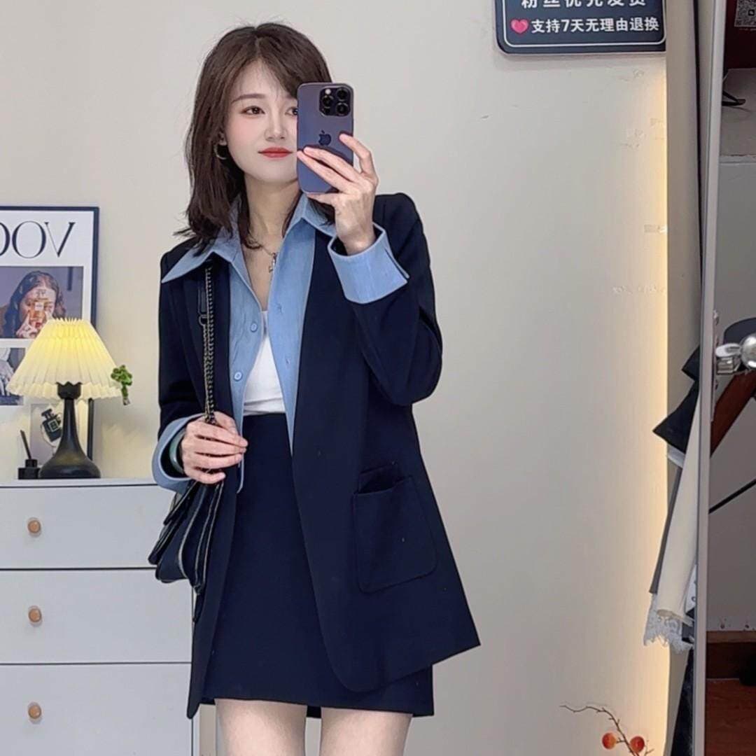 페이크 레이어드 정장 V넥 긴팔 2026 가을 여성 의류 새로운 패션 슬림해 보이는 캐주얼 투피스 세트 상세 이미지 3