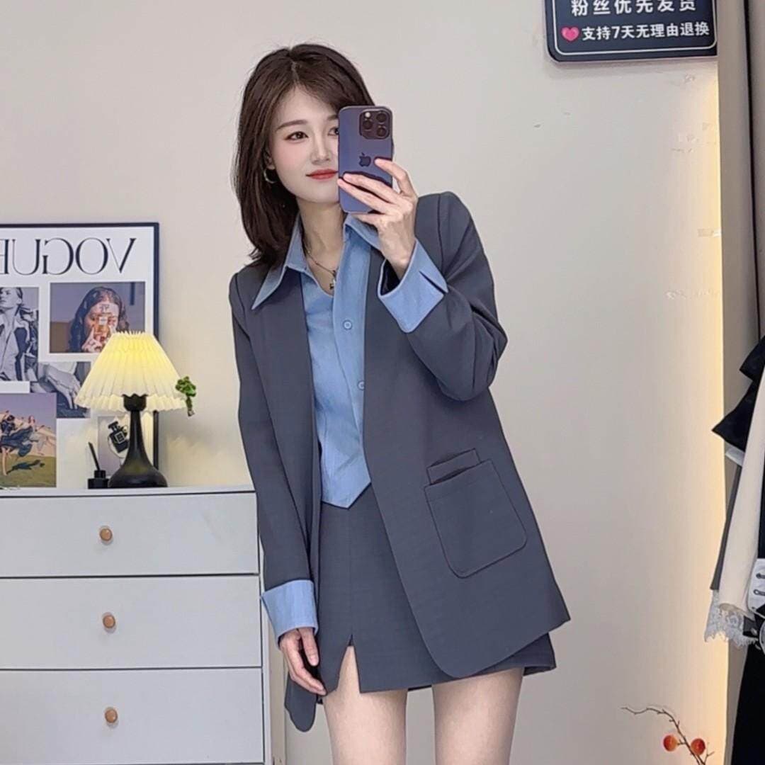 페이크 레이어드 정장 V넥 긴팔 2026 가을 여성 의류 새로운 패션 슬림해 보이는 캐주얼 투피스 세트 상세 이미지 4