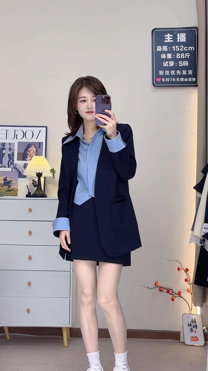 페이크 레이어드 정장 V넥 긴팔 2026 가을 여성 의류 새로운 패션 슬림해 보이는 캐주얼 투피스 세트 상세 이미지 10