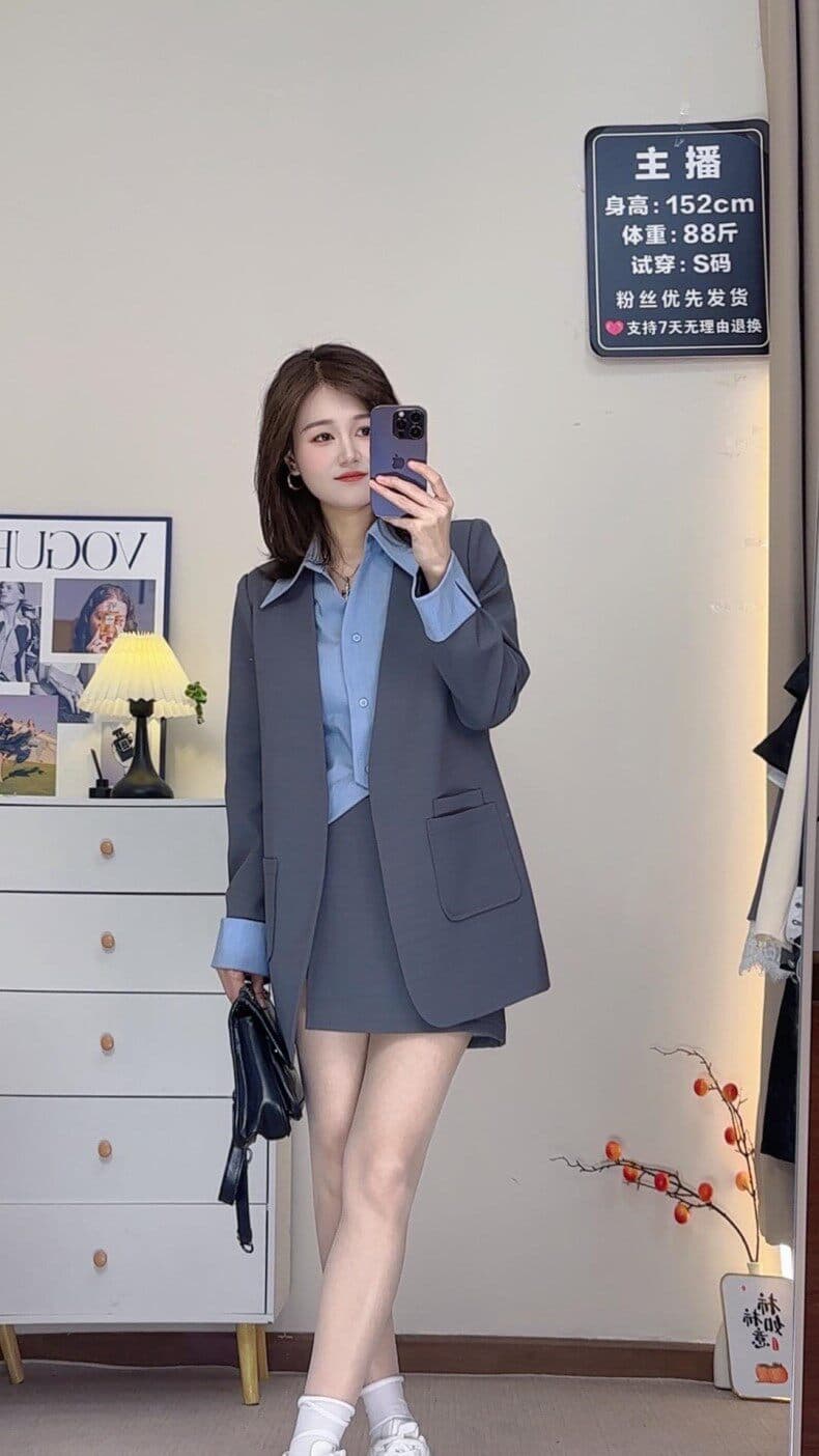 페이크 레이어드 정장 V넥 긴팔 2026 가을 여성 의류 새로운 패션 슬림해 보이는 캐주얼 투피스 세트 상세 이미지 11