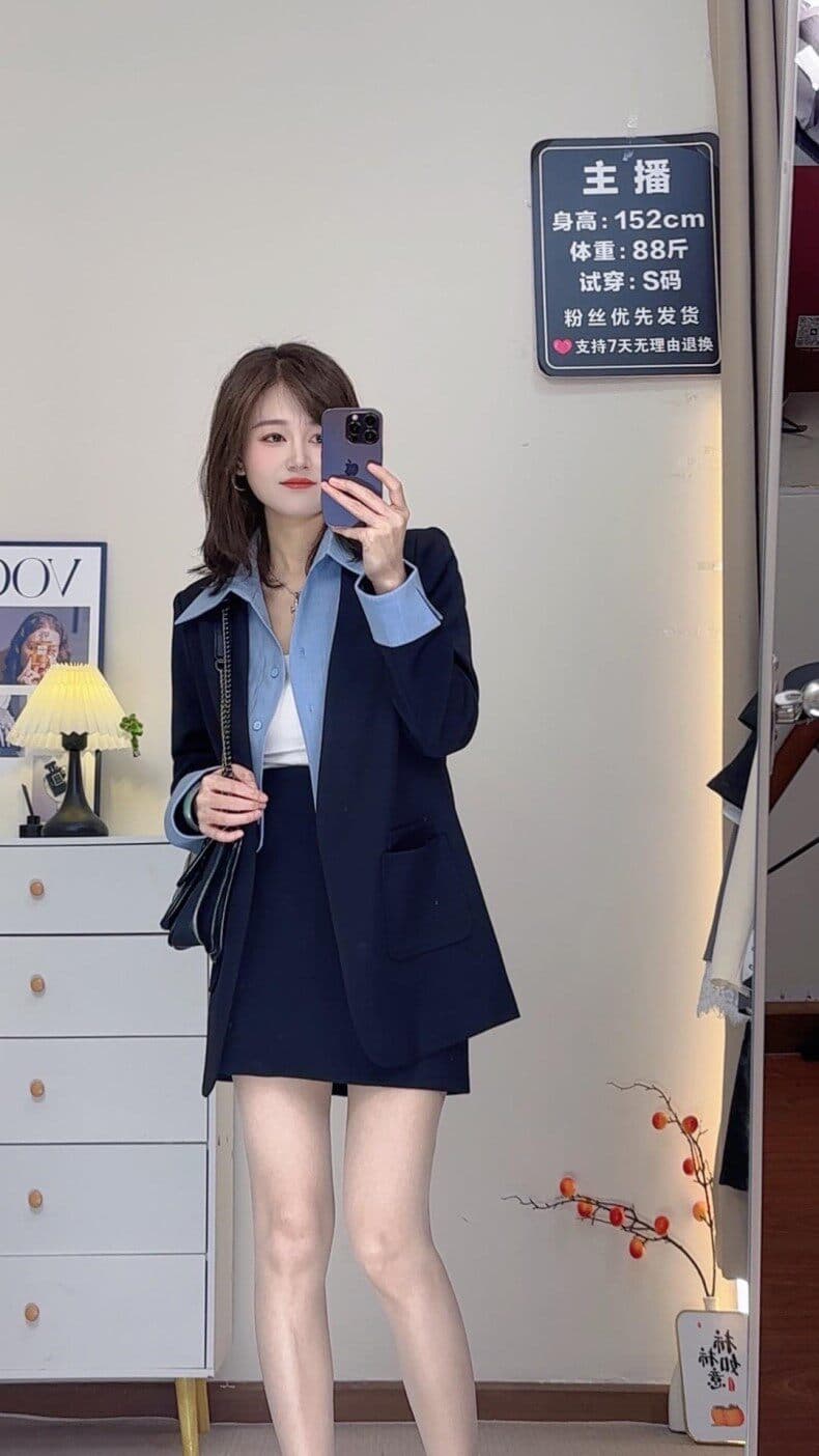 페이크 레이어드 정장 V넥 긴팔 2026 가을 여성 의류 새로운 패션 슬림해 보이는 캐주얼 투피스 세트 상세 이미지 12