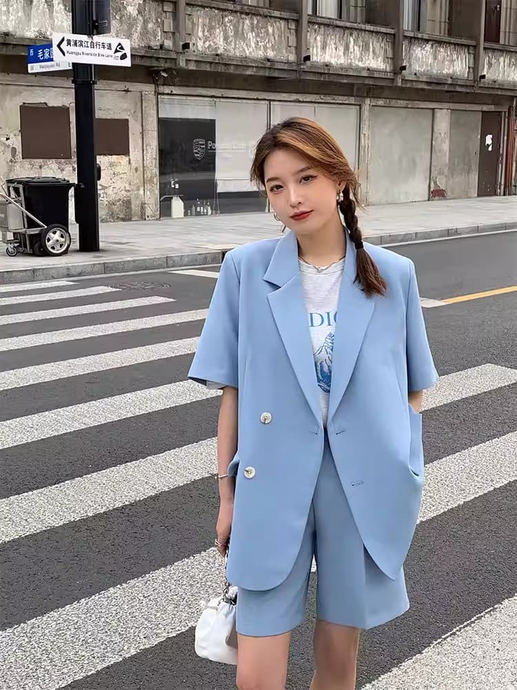 얇은 스타일 반팔 작은 양복 세트 여성 여름 2026 새로운 캐주얼 디자인 센스 작은 대중 정장 재킷 투피스 세트 상세 이미지 7