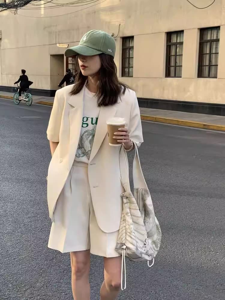 얇은 스타일 반팔 작은 양복 세트 여성 여름 2026 새로운 캐주얼 디자인 센스 작은 대중 정장 재킷 투피스 세트 상세 이미지 13