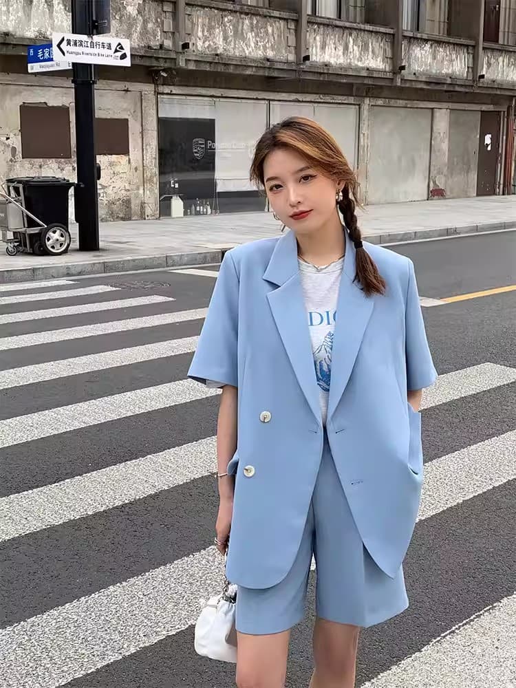 얇은 스타일 반팔 작은 양복 세트 여성 여름 2026 새로운 캐주얼 디자인 센스 작은 대중 정장 재킷 투피스 세트 상세 이미지 22