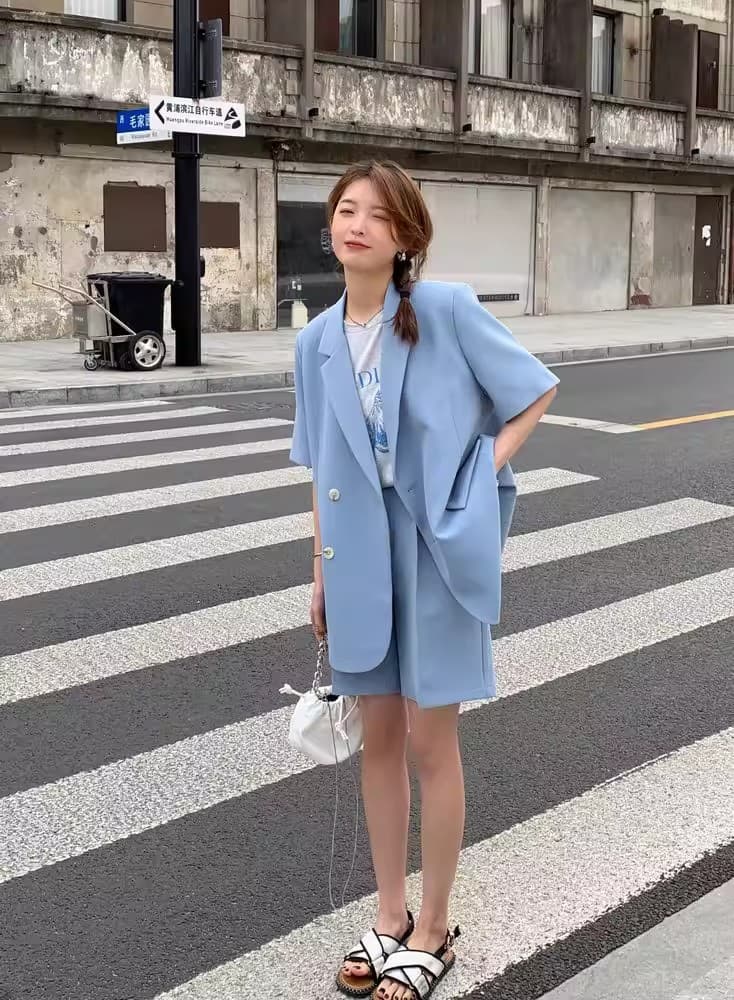 얇은 스타일 반팔 작은 양복 세트 여성 여름 2026 새로운 캐주얼 디자인 센스 작은 대중 정장 재킷 투피스 세트 상세 이미지 25