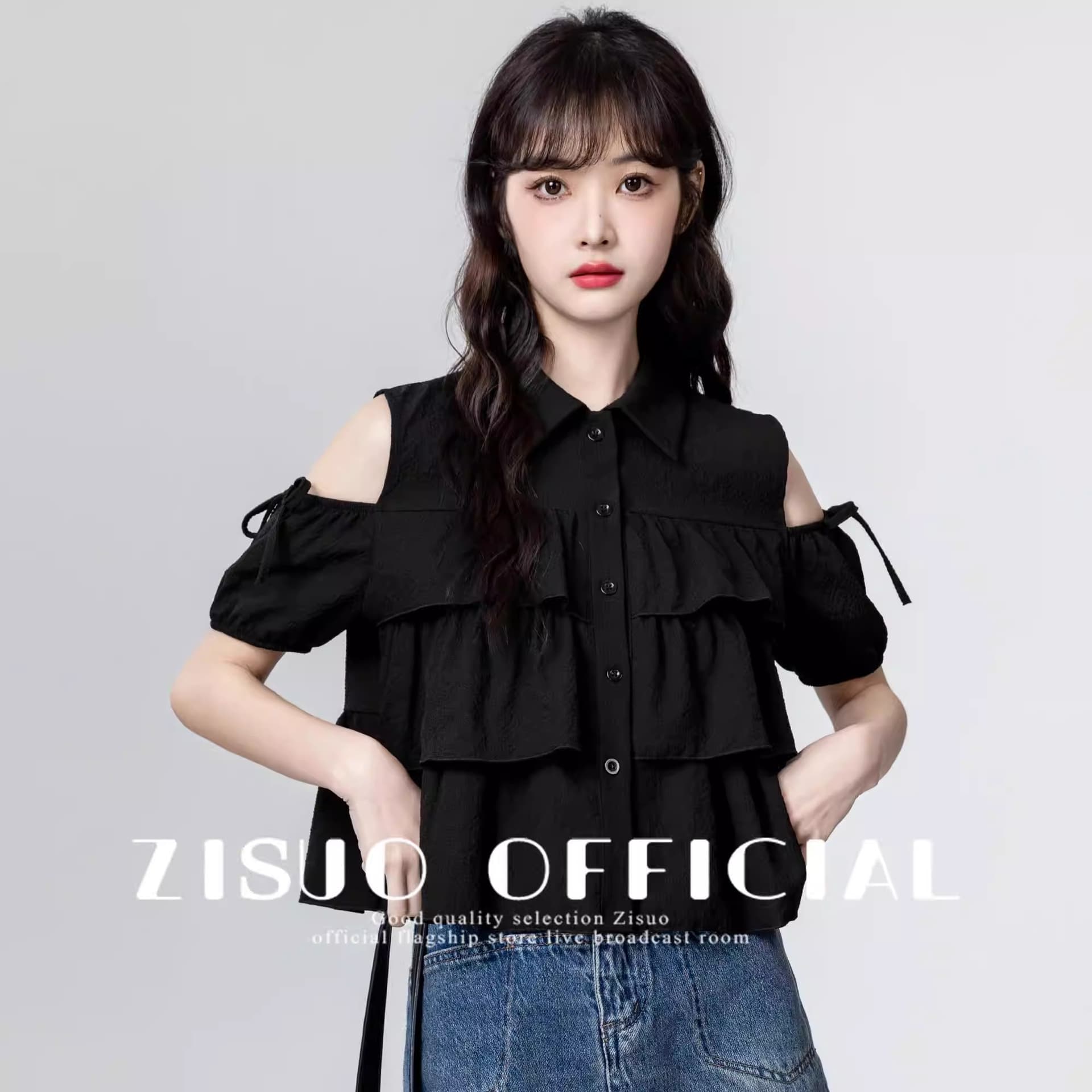검정색 오프숄더 반팔 여성 셔츠 여름 2025 새로운 프랑스식 디자인 센스 프릴 셔츠 인형 셔츠 짧은 맨위 이미지 4