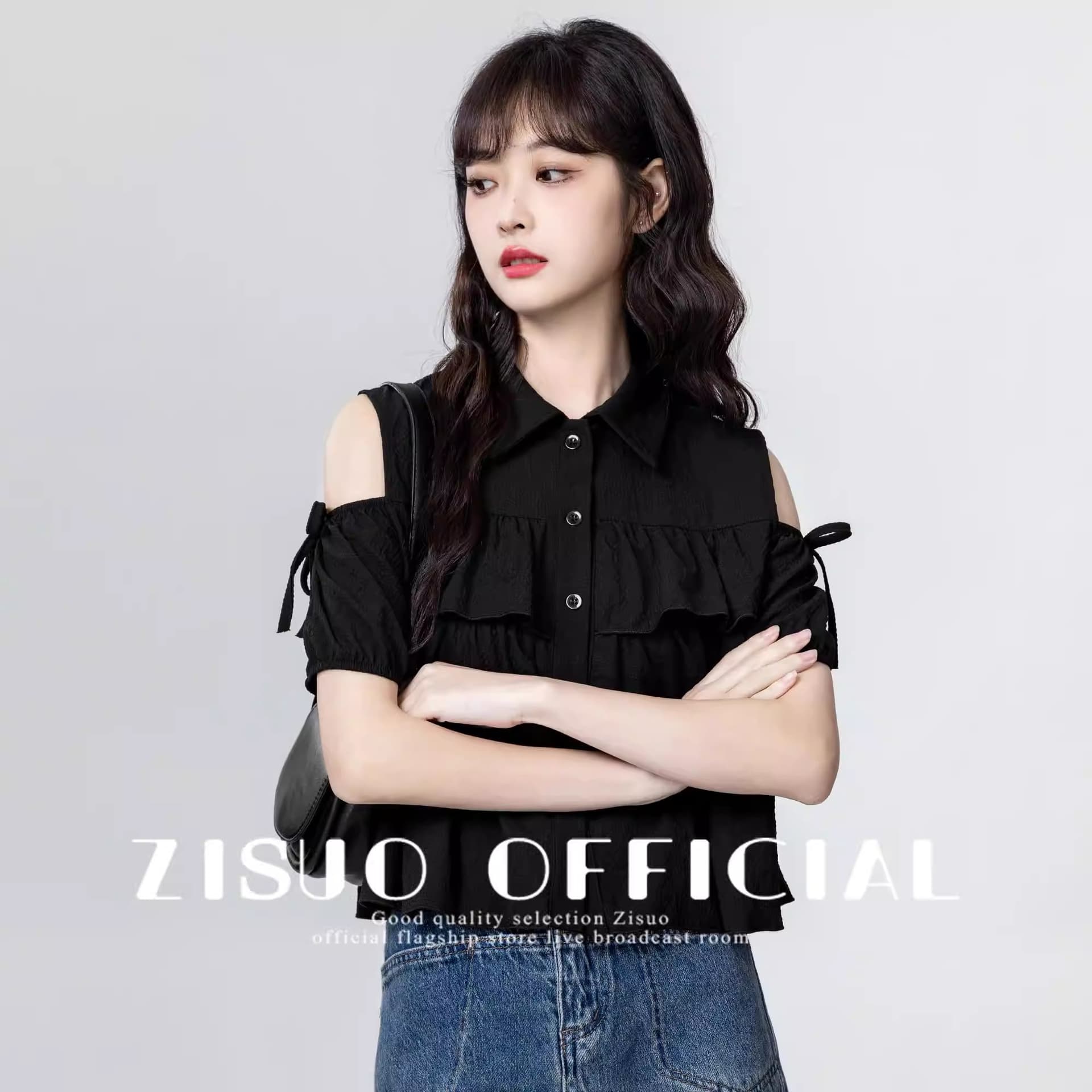 검정색 오프숄더 반팔 여성 셔츠 여름 2025 새로운 프랑스식 디자인 센스 프릴 셔츠 인형 셔츠 짧은 맨위 이미지 2
