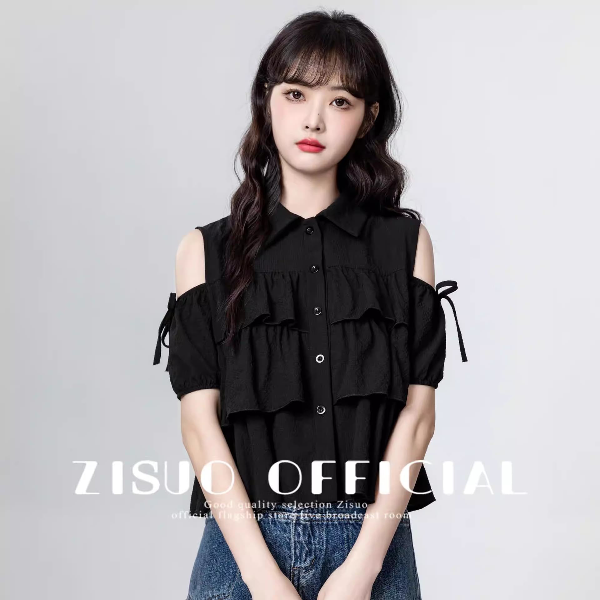 검정색 오프숄더 반팔 여성 셔츠 여름 2025 새로운 프랑스식 디자인 센스 프릴 셔츠 인형 셔츠 짧은 맨위
