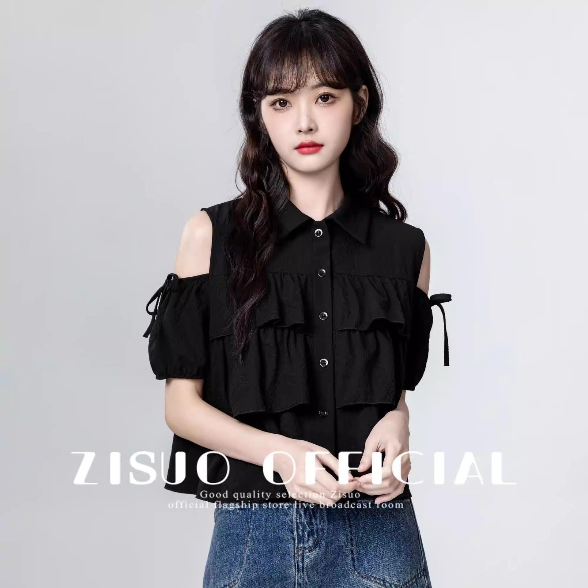 검정색 오프숄더 반팔 여성 셔츠 여름 2025 새로운 프랑스식 디자인 센스 프릴 셔츠 인형 셔츠 짧은 맨위 이미지 5