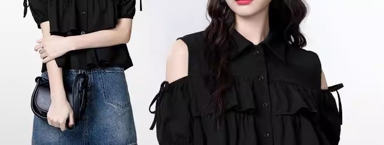 검정색 오프숄더 반팔 여성 셔츠 여름 2025 새로운 프랑스식 디자인 센스 프릴 셔츠 인형 셔츠 짧은 맨위 상세 이미지 6