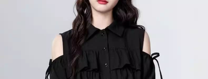 검정색 오프숄더 반팔 여성 셔츠 여름 2025 새로운 프랑스식 디자인 센스 프릴 셔츠 인형 셔츠 짧은 맨위 상세 이미지 28