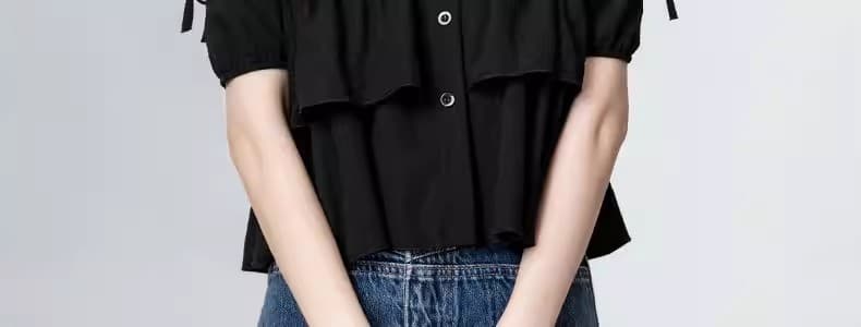 검정색 오프숄더 반팔 여성 셔츠 여름 2025 새로운 프랑스식 디자인 센스 프릴 셔츠 인형 셔츠 짧은 맨위 상세 이미지 29