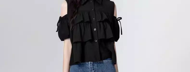 검정색 오프숄더 반팔 여성 셔츠 여름 2025 새로운 프랑스식 디자인 센스 프릴 셔츠 인형 셔츠 짧은 맨위 상세 이미지 33