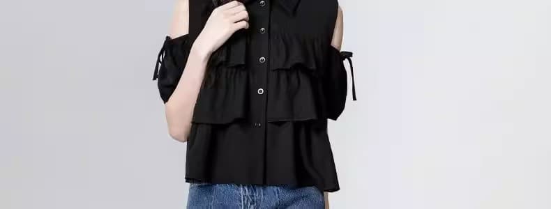 검정색 오프숄더 반팔 여성 셔츠 여름 2025 새로운 프랑스식 디자인 센스 프릴 셔츠 인형 셔츠 짧은 맨위 상세 이미지 37