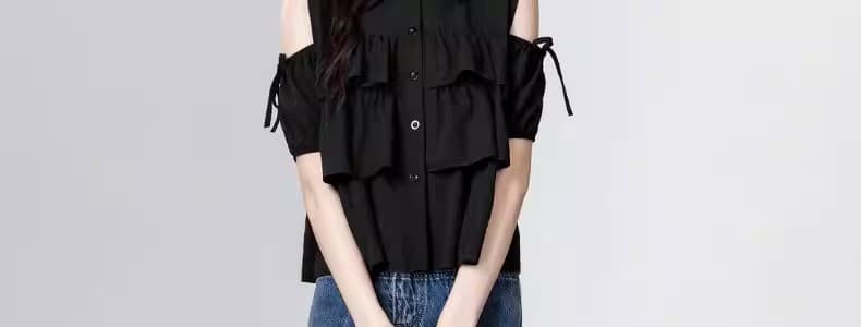 검정색 오프숄더 반팔 여성 셔츠 여름 2025 새로운 프랑스식 디자인 센스 프릴 셔츠 인형 셔츠 짧은 맨위 상세 이미지 42