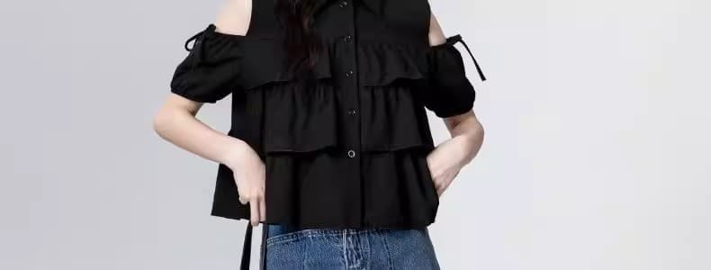 검정색 오프숄더 반팔 여성 셔츠 여름 2025 새로운 프랑스식 디자인 센스 프릴 셔츠 인형 셔츠 짧은 맨위 상세 이미지 52