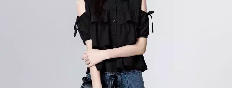 검정색 오프숄더 반팔 여성 셔츠 여름 2025 새로운 프랑스식 디자인 센스 프릴 셔츠 인형 셔츠 짧은 맨위 상세 이미지 57