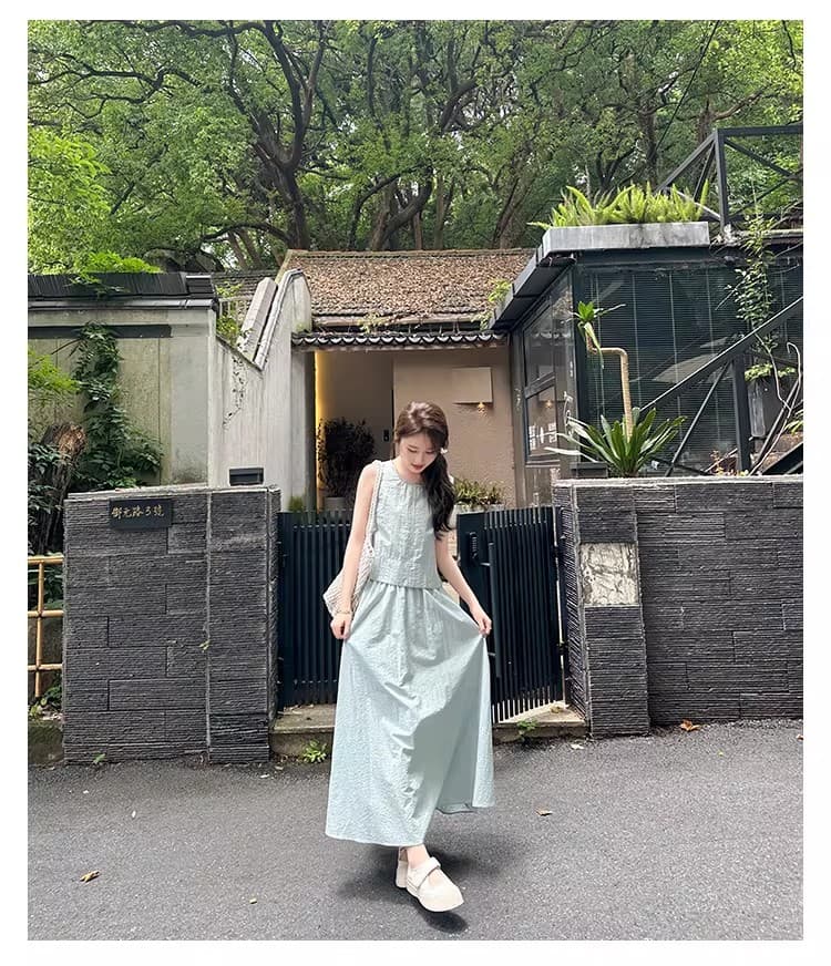 프랑스식 고급 센스 뒤로 홀로우 아웃 민소매 조끼 맨위 여름 새로운 반신 치마 세트 A라인 스커트 투피스 세트 상세 이미지 5