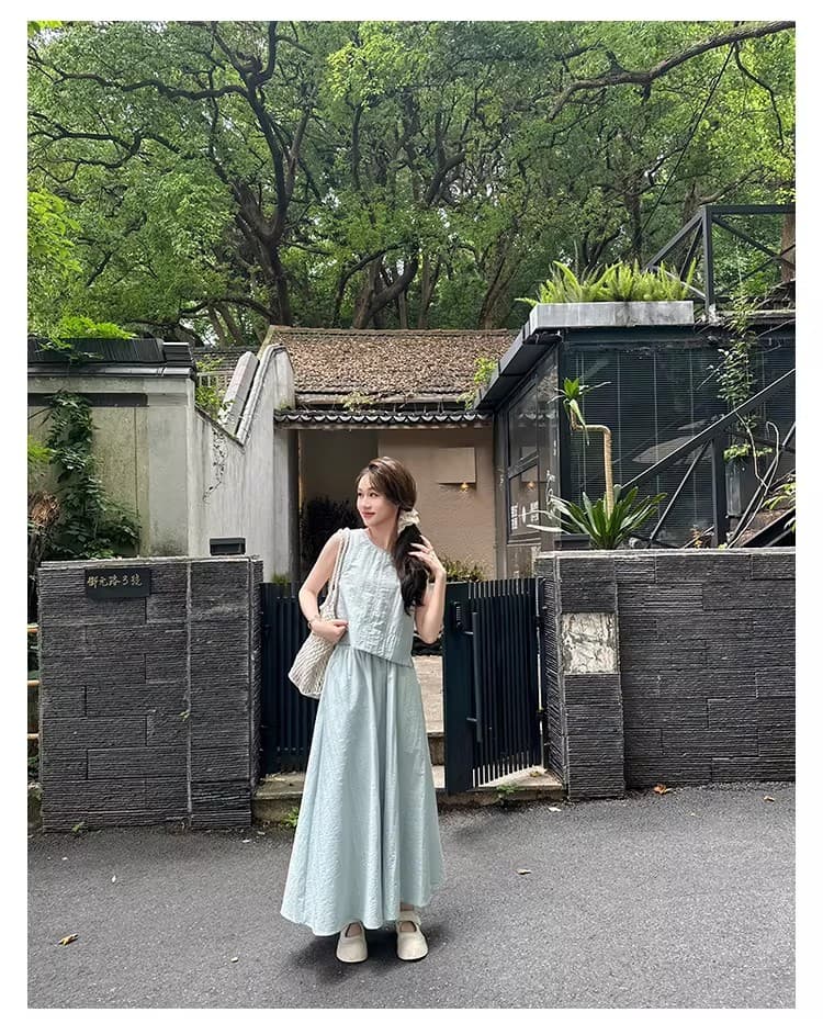 프랑스식 고급 센스 뒤로 홀로우 아웃 민소매 조끼 맨위 여름 새로운 반신 치마 세트 A라인 스커트 투피스 세트 상세 이미지 11