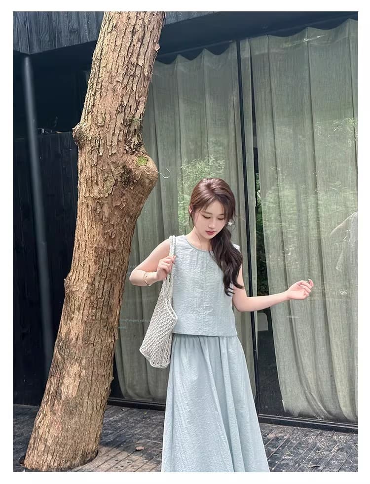 프랑스식 고급 센스 뒤로 홀로우 아웃 민소매 조끼 맨위 여름 새로운 반신 치마 세트 A라인 스커트 투피스 세트 상세 이미지 15