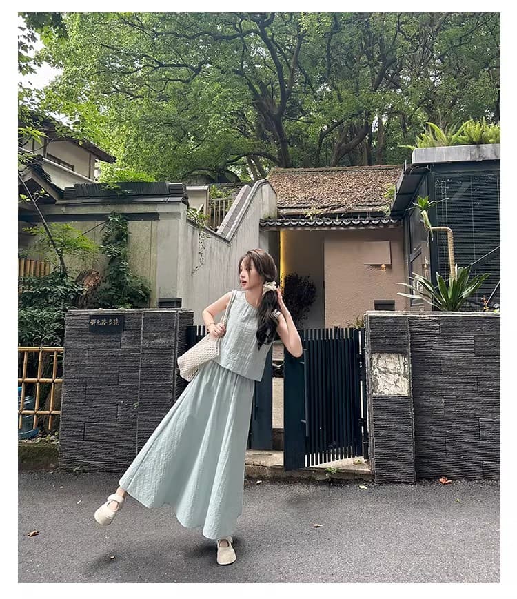 프랑스식 고급 센스 뒤로 홀로우 아웃 민소매 조끼 맨위 여름 새로운 반신 치마 세트 A라인 스커트 투피스 세트 상세 이미지 21