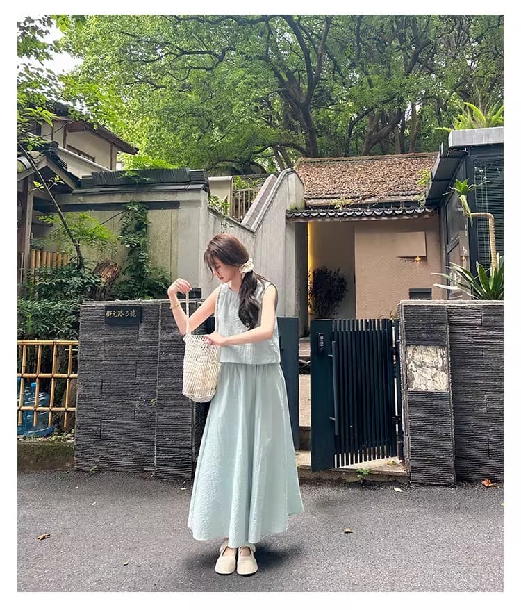 프랑스식 고급 센스 뒤로 홀로우 아웃 민소매 조끼 맨위 여름 새로운 반신 치마 세트 A라인 스커트 투피스 세트 상세 이미지 27
