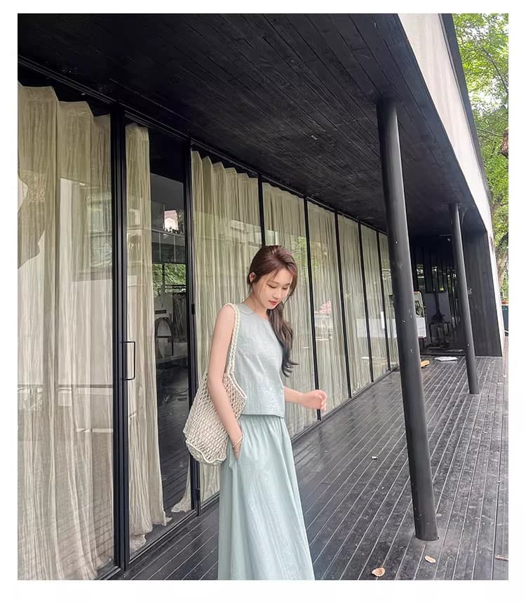 프랑스식 고급 센스 뒤로 홀로우 아웃 민소매 조끼 맨위 여름 새로운 반신 치마 세트 A라인 스커트 투피스 세트 상세 이미지 28