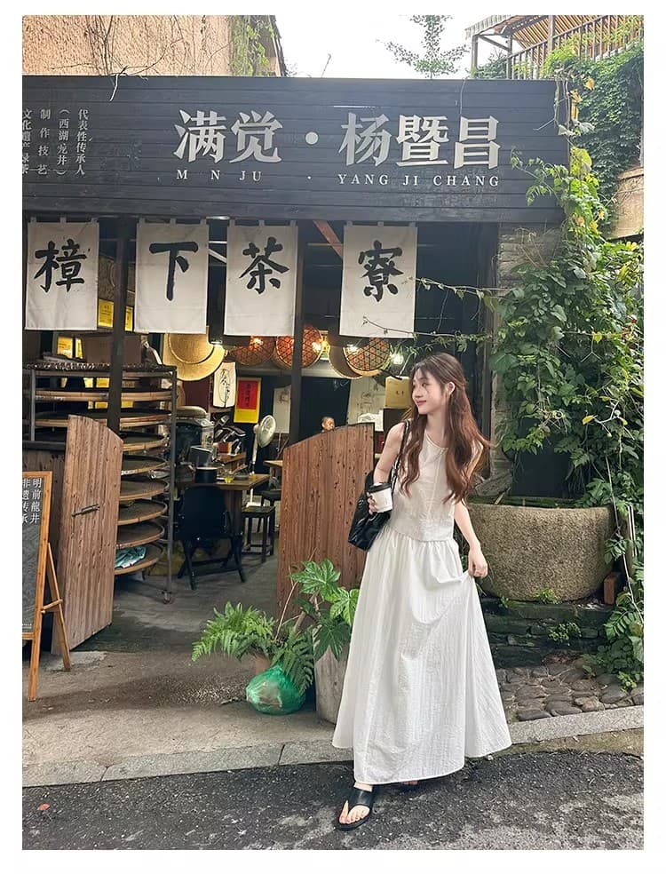 프랑스식 고급 센스 뒤로 홀로우 아웃 민소매 조끼 맨위 여름 새로운 반신 치마 세트 A라인 스커트 투피스 세트 상세 이미지 30