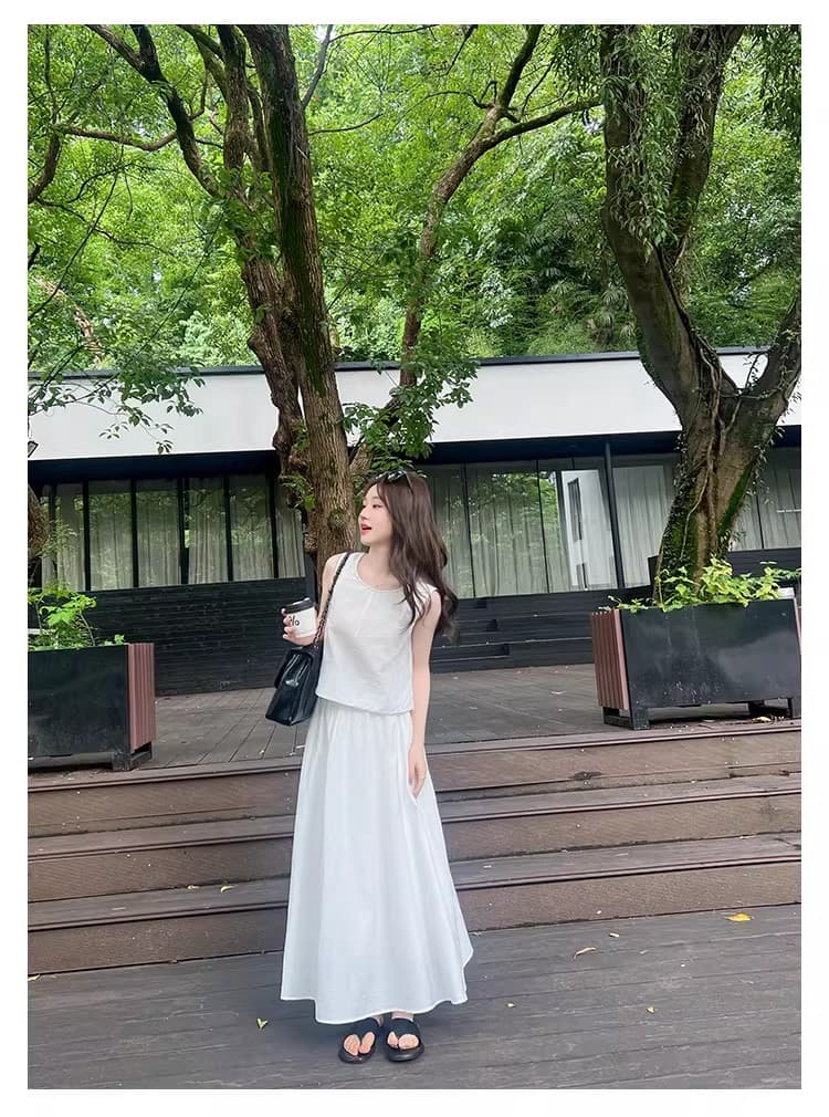 프랑스식 고급 센스 뒤로 홀로우 아웃 민소매 조끼 맨위 여름 새로운 반신 치마 세트 A라인 스커트 투피스 세트 상세 이미지 32