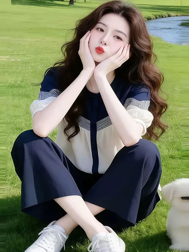 패션 세트 여성 2026 여름 새로운 세련된 외국 가스 표지 배 슬림해 보이는 루즈핏 셔츠 와이드 레그 팬츠 투피스 세트 상세 이미지 2