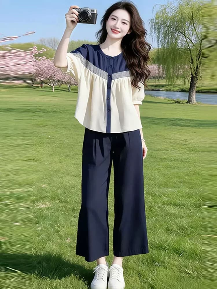 패션 세트 여성 2026 여름 새로운 세련된 외국 가스 표지 배 슬림해 보이는 루즈핏 셔츠 와이드 레그 팬츠 투피스 세트 상세 이미지 5