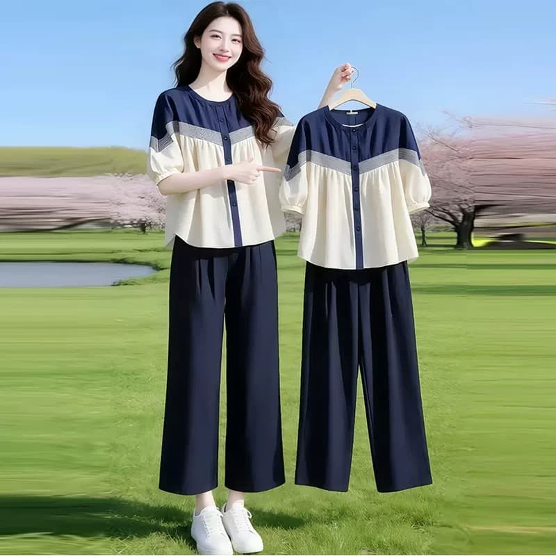 패션 세트 여성 2026 여름 새로운 세련된 외국 가스 표지 배 슬림해 보이는 루즈핏 셔츠 와이드 레그 팬츠 투피스 세트 상세 이미지 6