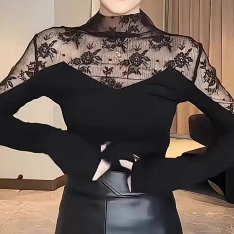재고 있음 섹시함 품격 레이스 망사 패치워크 긴팔 티셔츠 봄 가을 새로운 몸매 가꾸기 슬림해 보이는 패션 만나는 맨위 이미지 3