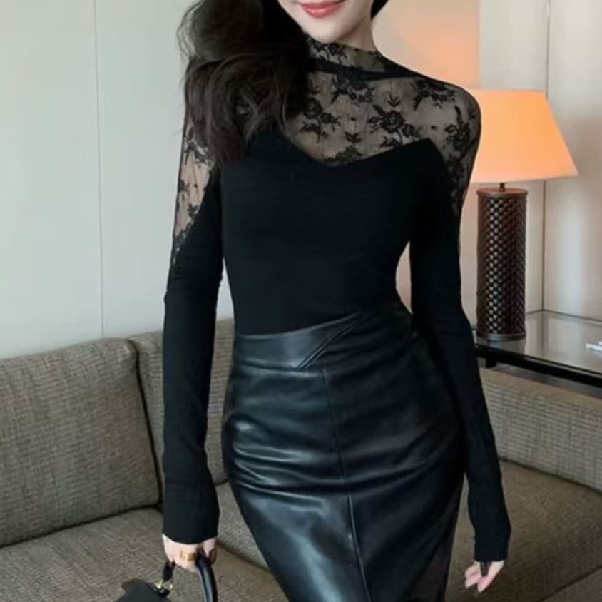 재고 있음 섹시함 품격 레이스 망사 패치워크 긴팔 티셔츠 봄 가을 새로운 몸매 가꾸기 슬림해 보이는 패션 만나는 맨위 이미지 4