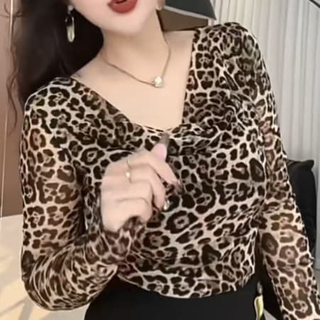 재고 있음 가을 새로운 레오파드 무늬 말뚝 더미 칼라 긴팔 기본 셔츠 패션 외국 가스 여성 의류 슬림해 보이는 맨위 망사 섹션 이미지 4