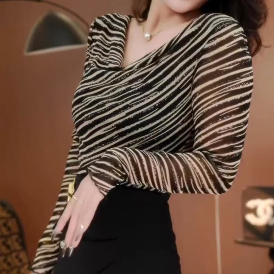 재고 있음 가을 새로운 레오파드 무늬 말뚝 더미 칼라 긴팔 기본 셔츠 패션 외국 가스 여성 의류 슬림해 보이는 맨위 망사 섹션 상세 이미지 6
