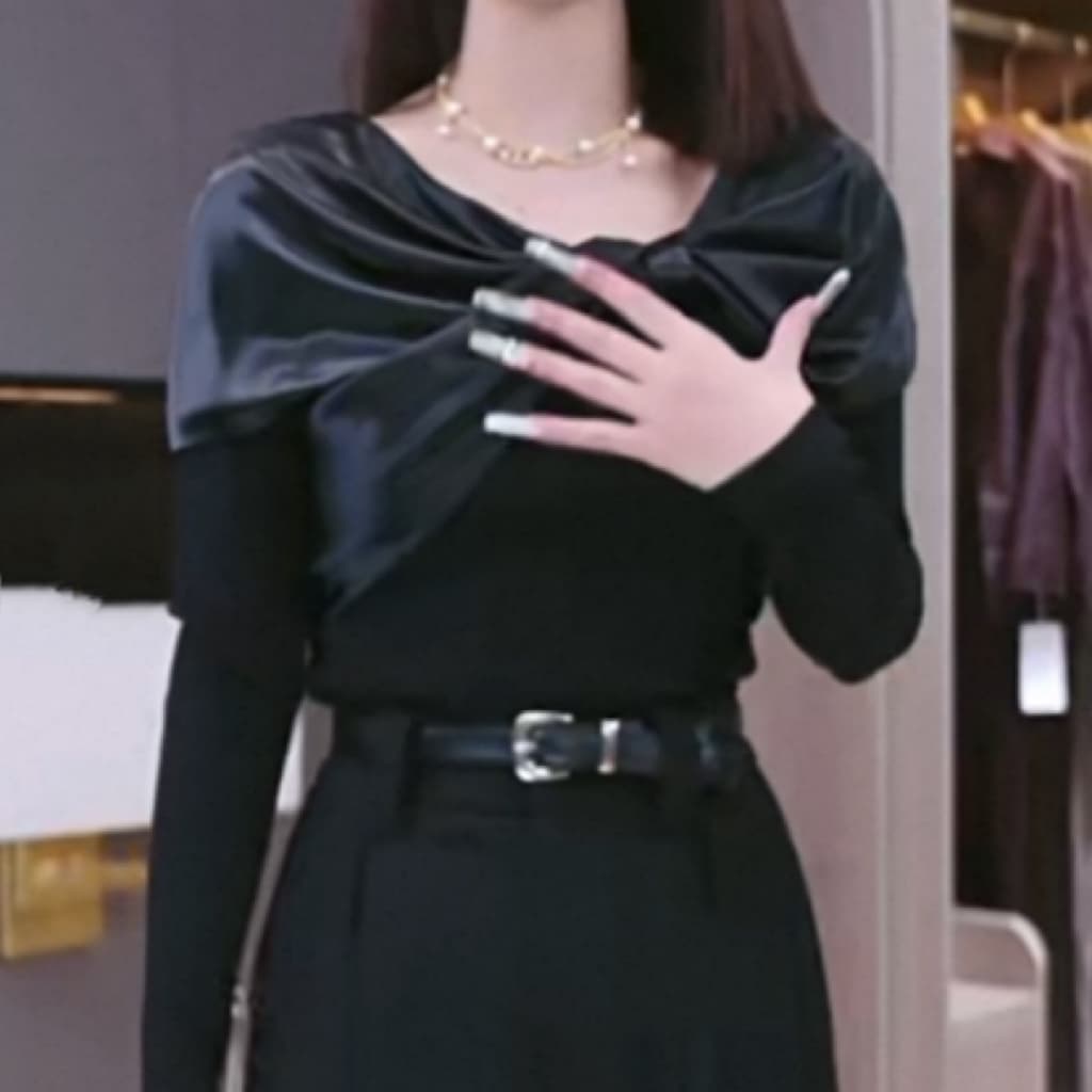 주문 재고 있음 새틴 패치워크 오프숄더 부드러운 긴팔 티셔츠 봄 가을 여성 의류 새로운 기본 셔츠 유럽 상품 맨위