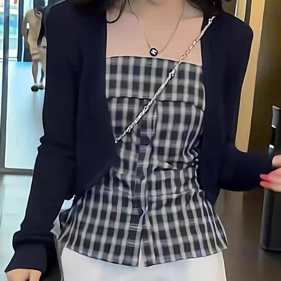 주문 재고 있음 유럽 상품 무거운 여름 새로운 한 부서 체크무늬 슬립 고급 센스 착용 가져 가라. 아름다운 맨위 비 투피스 세트 상세 이미지 5