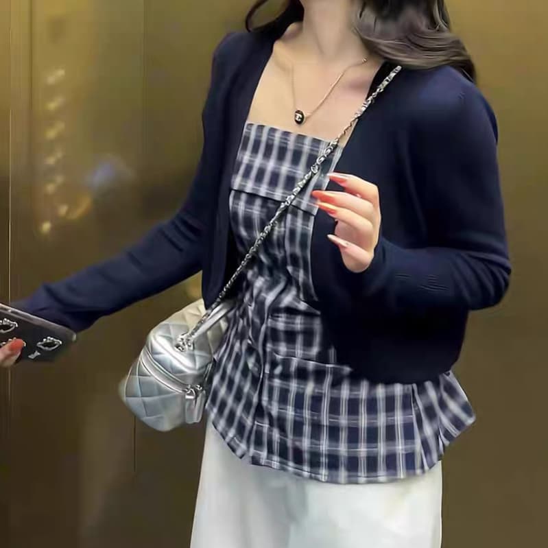 주문 재고 있음 유럽 상품 무거운 여름 새로운 한 부서 체크무늬 슬립 고급 센스 착용 가져 가라. 아름다운 맨위 비 투피스 세트 상세 이미지 8