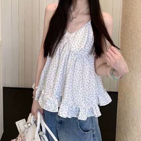 주문 재고 있음 봄 여름 새로운 슬립 프릴 패치워크 꽃무늬 민소매 조끼 V넥 맨위 달콤함 작은 셔츠 여름 이미지 2