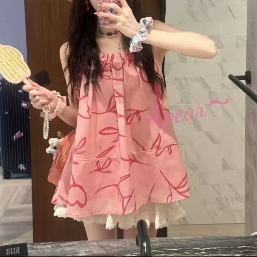 주문 재고 있음 한 부서 핑크색 캐미솔 여름 외출용 새로운 디자인 센스 루즈핏 민소매 맨위