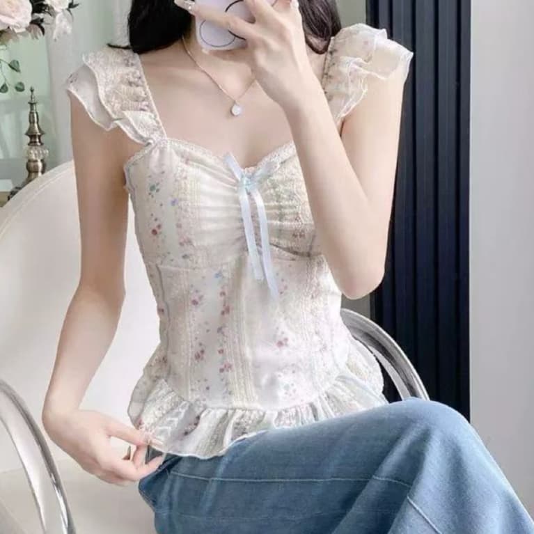 주문 재고 있음 순수한 욕망 바람 달콤한 핫걸 조끼 슬립 품격 맨위 디자인 센스 작은 대중 작은 날다 소매 꽃무늬 작은 셔츠 상세 이미지 8